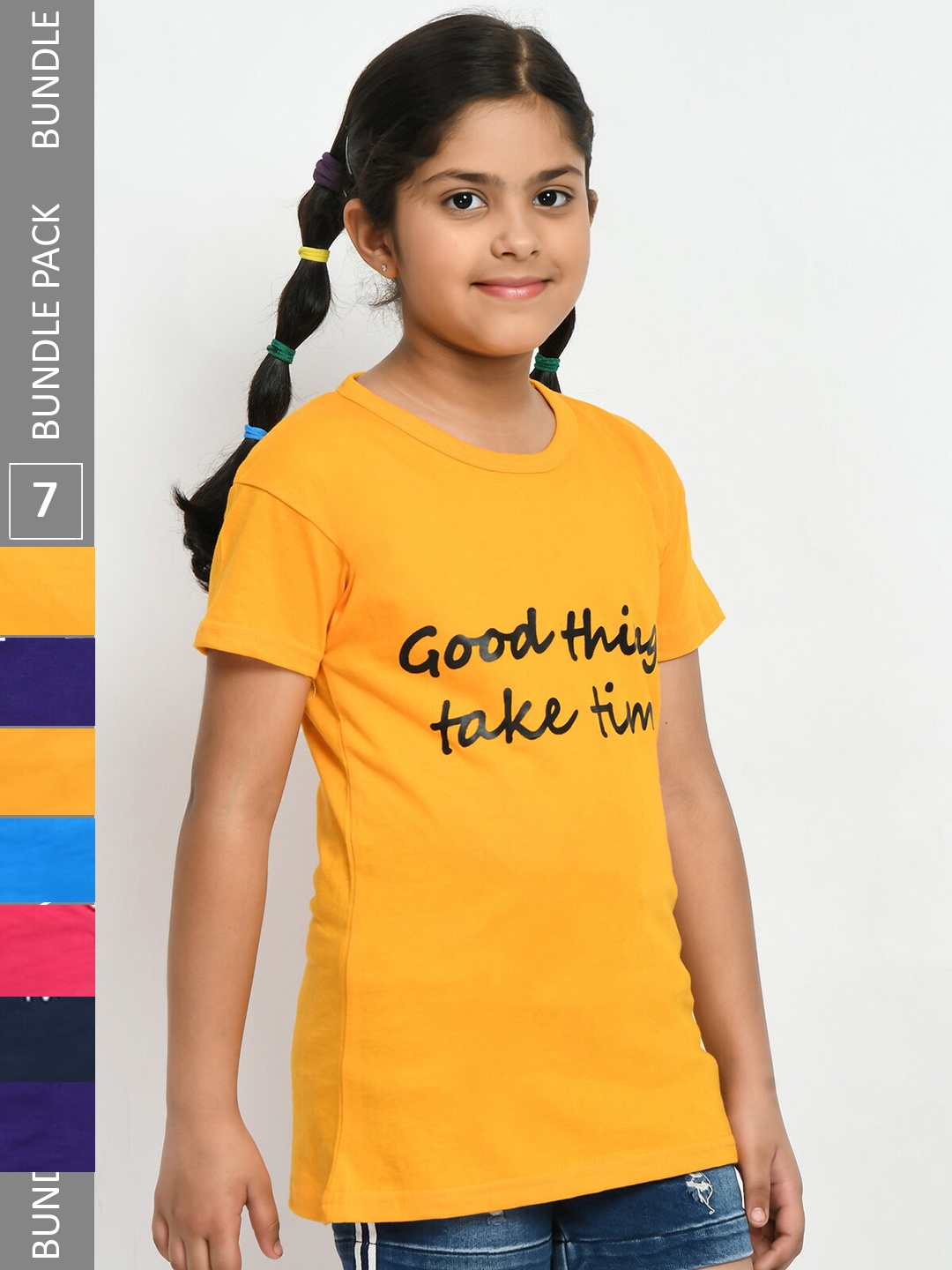 

IndiWeaves Girls Pack of 5 Printed Pure Cotton T-shirts, Yellow