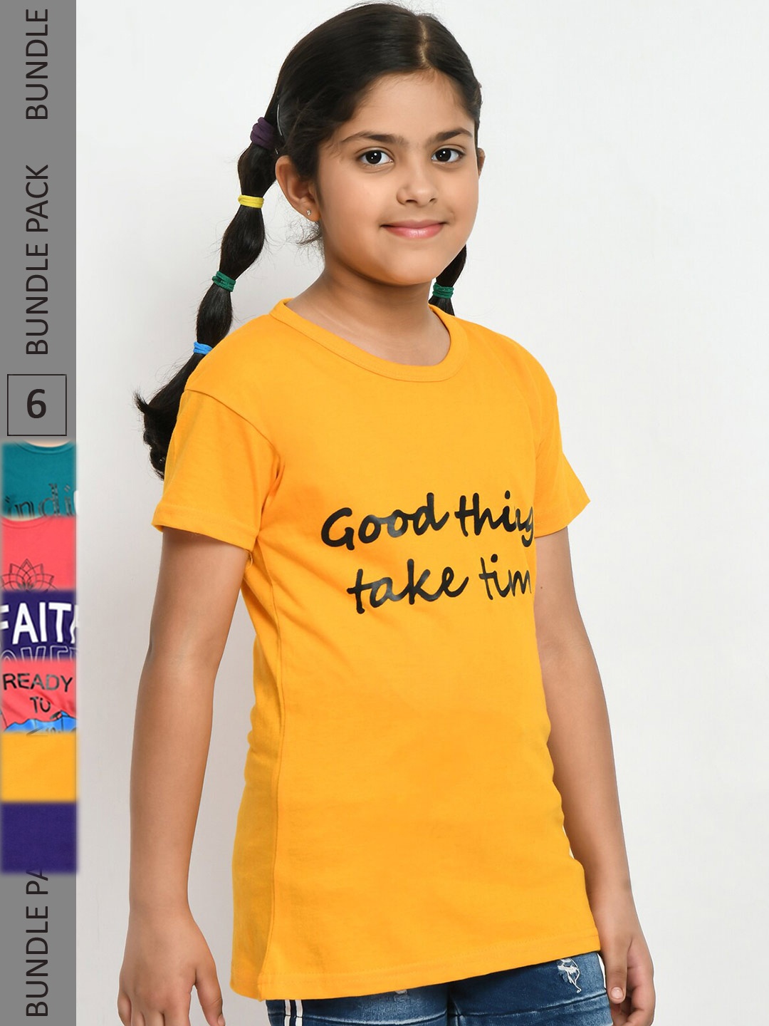 

IndiWeaves Girls Pack of 4 Printed Pure Cotton T-shirts, Yellow