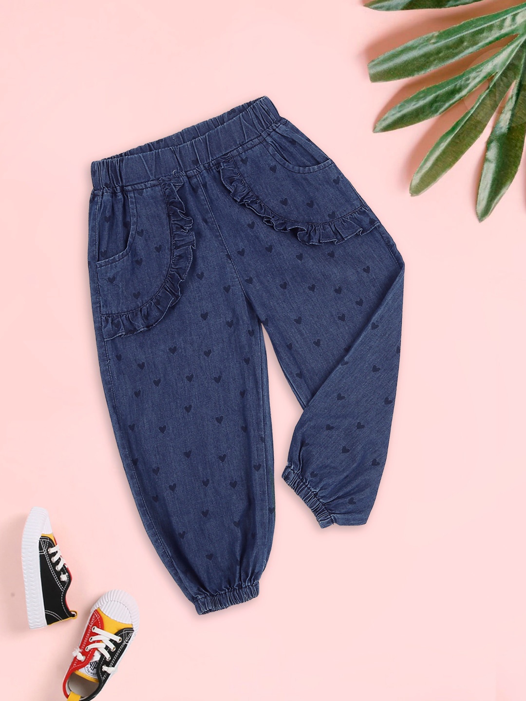 

MeeMee Girls Printed Ruffled Cotton Joggers, Blue