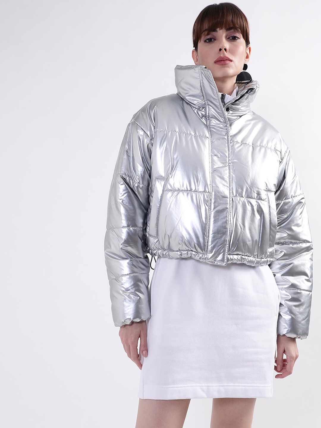

DKNY Women Mock Collar Puffer Jacket, Silver