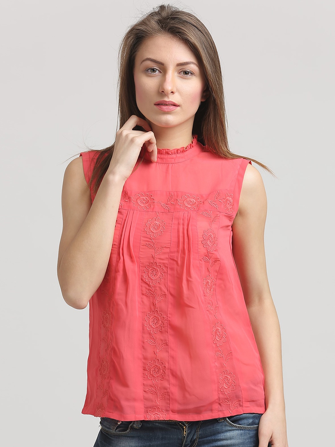

Moda Elementi High Neck Embroidered Cotton Top, Coral