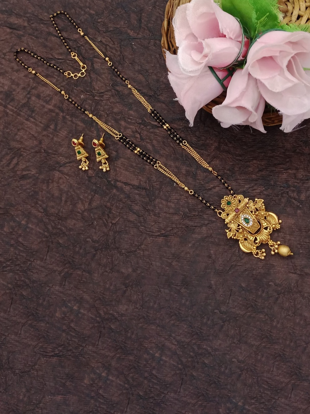 

AASHISH IMITATION Gold-Plated & Black Beaded Mangalsutra With Earrings