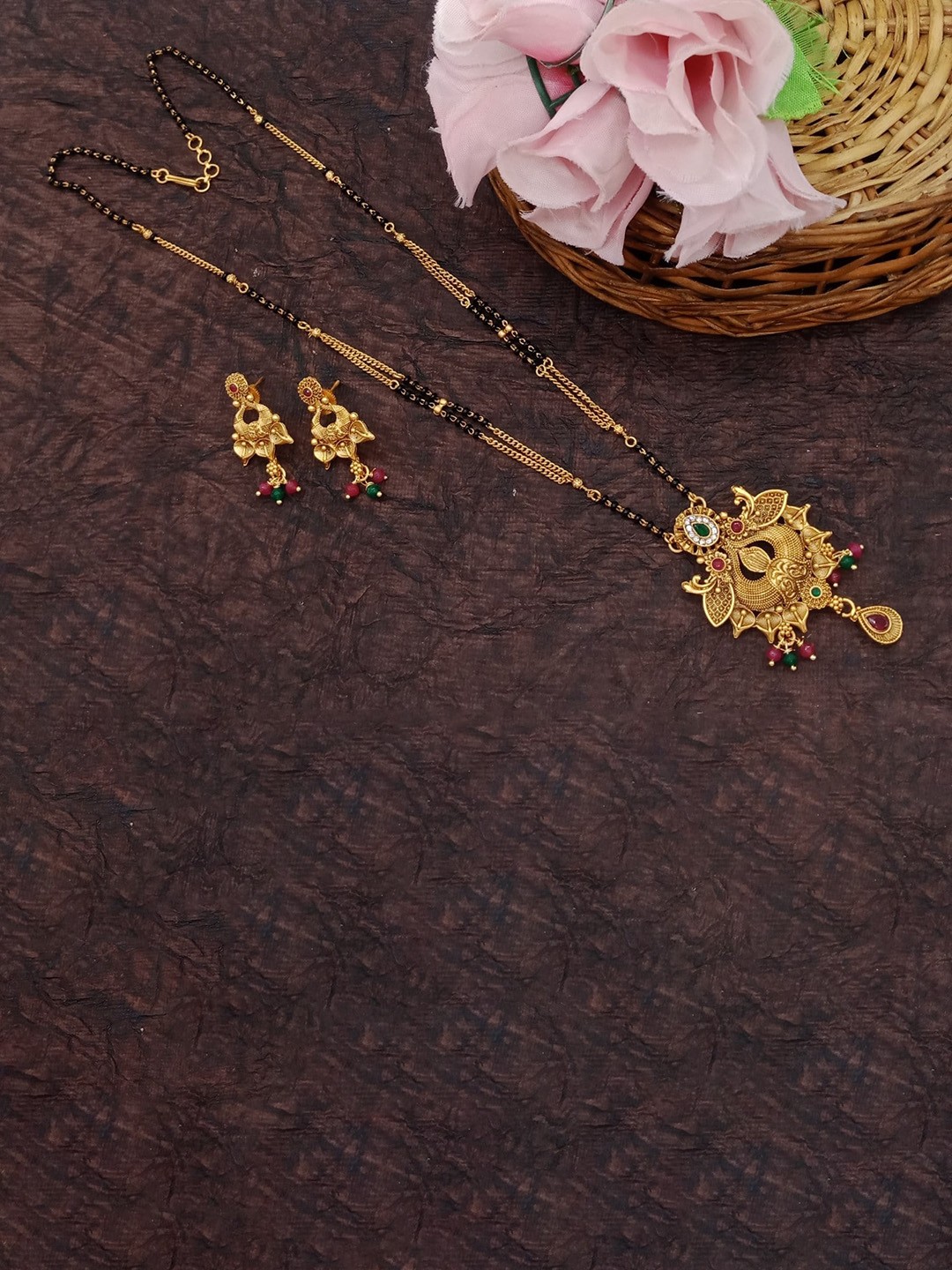 

AASHISH IMITATION Gold-Plated & Beaded Mangalsutra With Earings