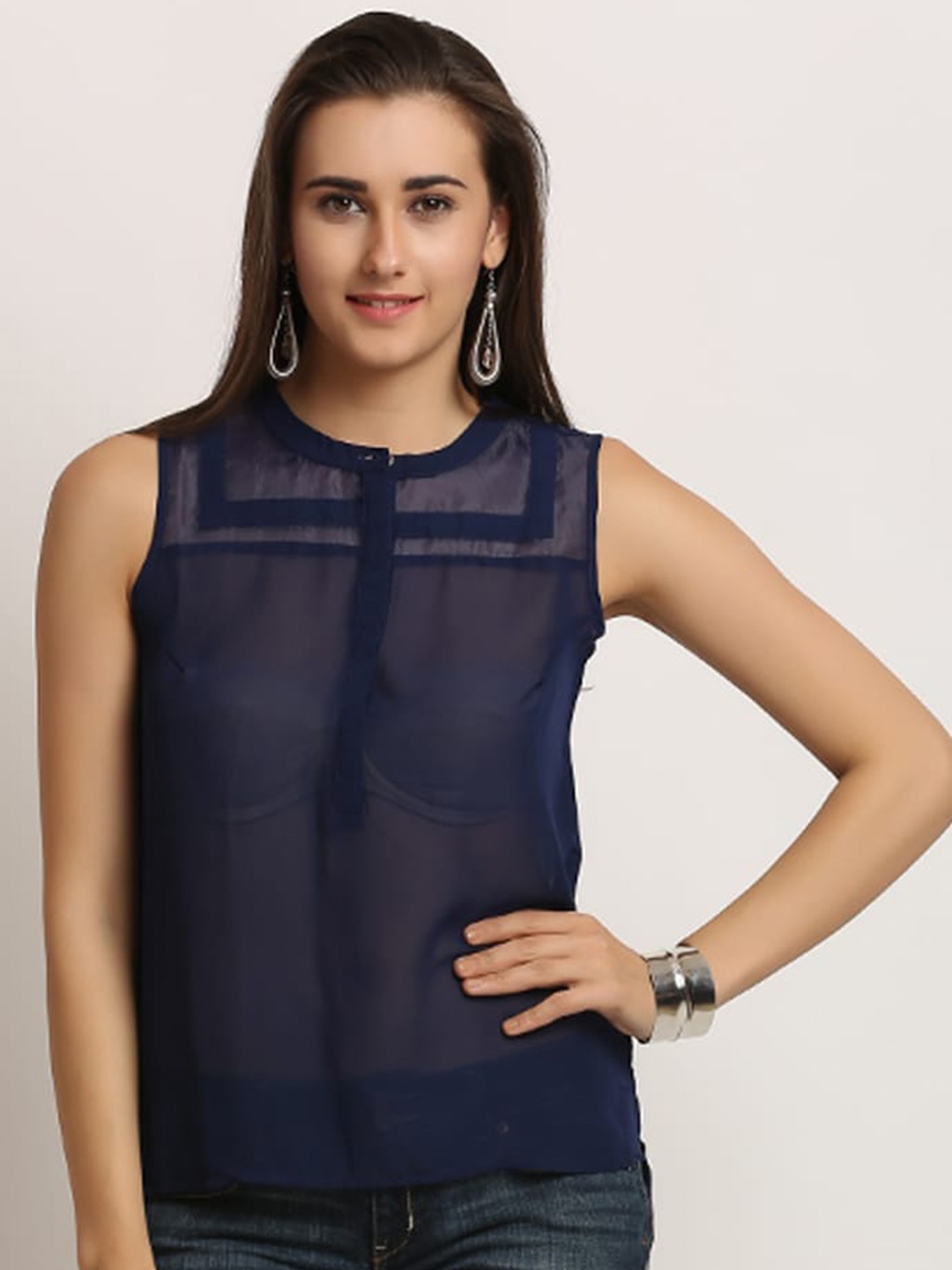 

Moda Elementi Mandarin Collar Sleeveless Sheer Georgette Top, Navy blue