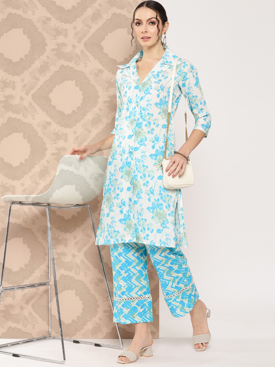 

Yufta Women Floral Printed Pure Cotton Tunic with Trousers, White