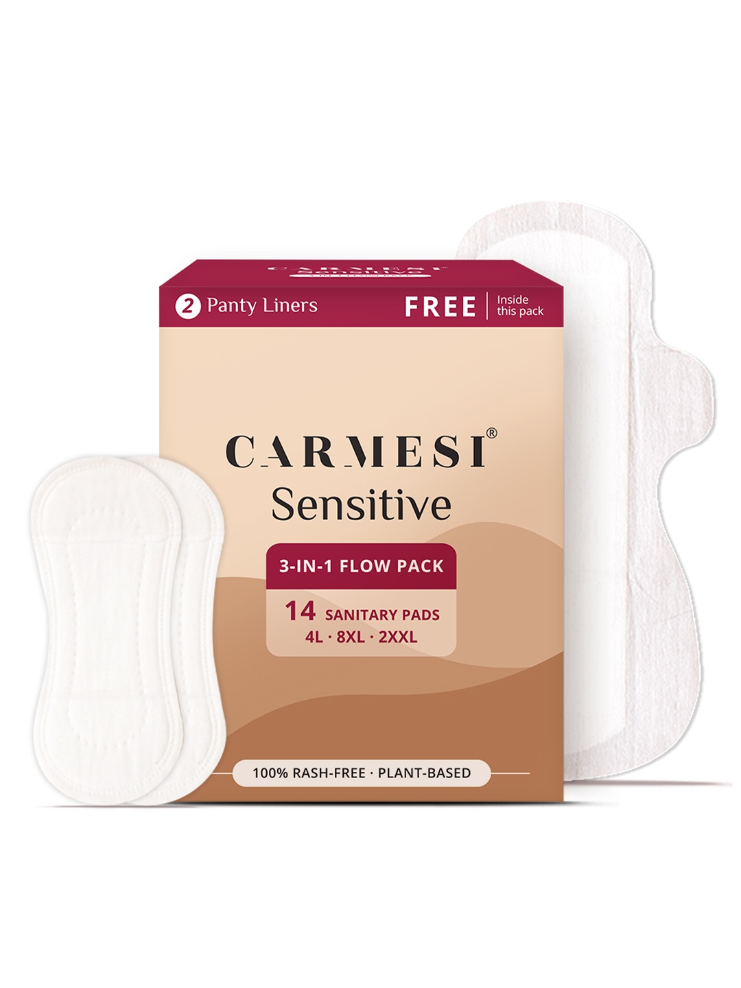 

CARMESI Sensitive 3-in-1 Flow Pack - 14 Sanitary Pads with 2 Free Panty Liners, White
