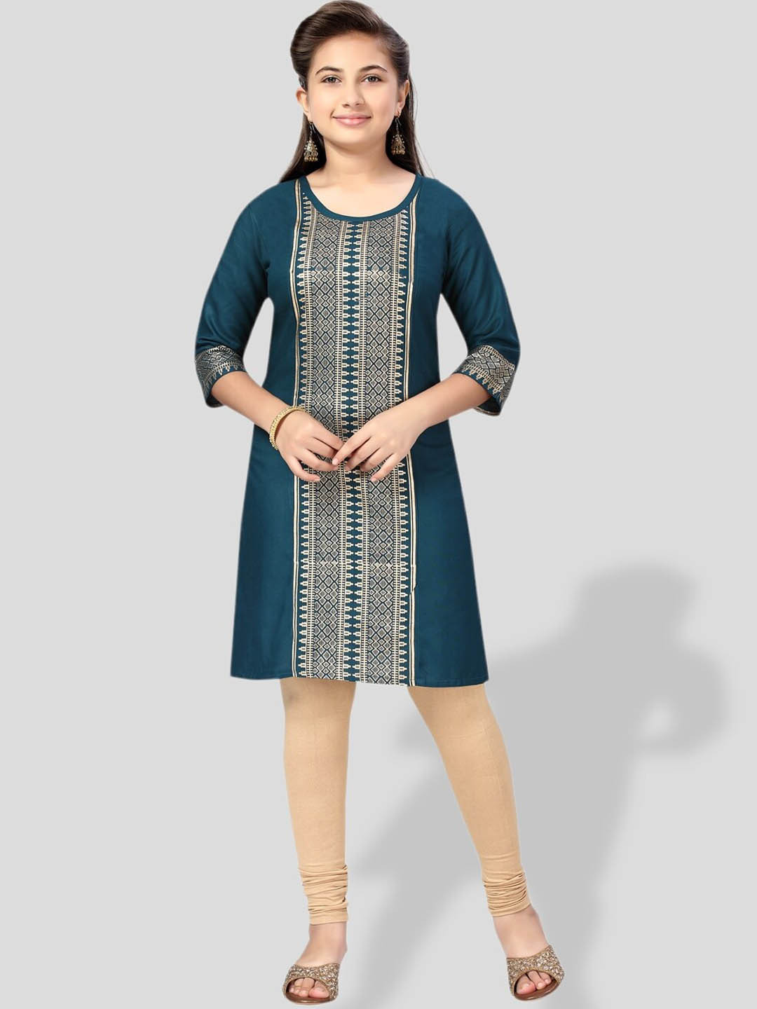 

BAESD Girls Ethnic Motifs Woven Design Panelled Cotton Kurta, Teal
