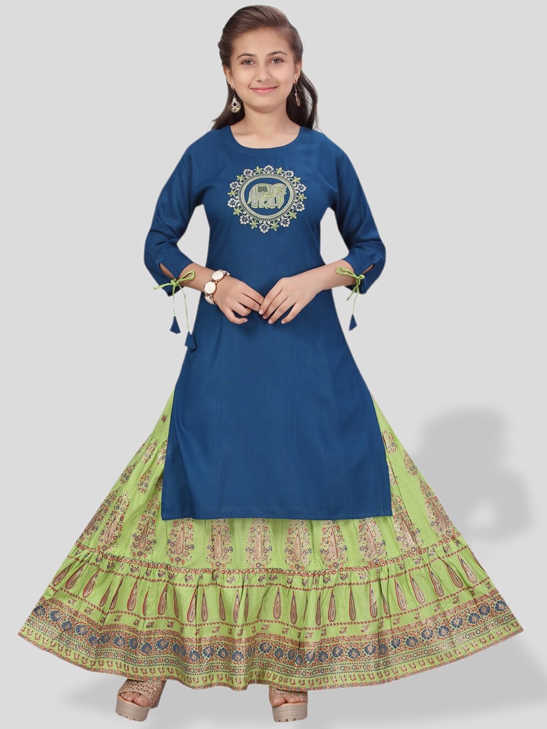 

BAESD Girls Ethnic Motifs Thread Work Pure Cotton Kurta with Skirt, Blue