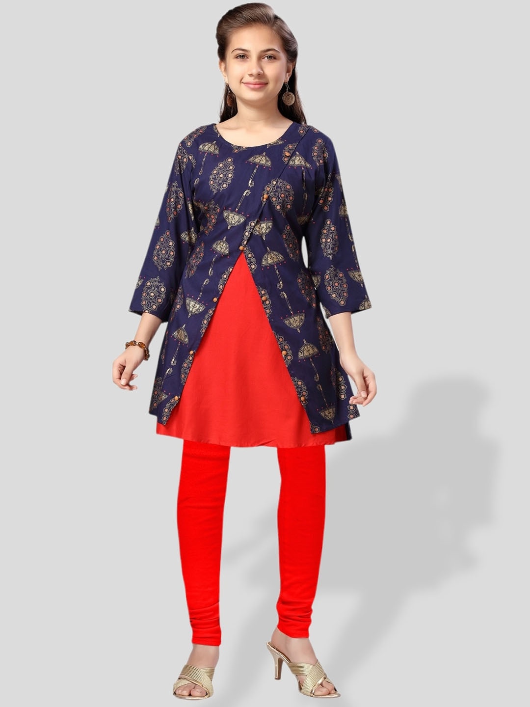 

BAESD Girls Ethnic Motifs Printed Layered A-Line Cotton Kurta, Navy blue