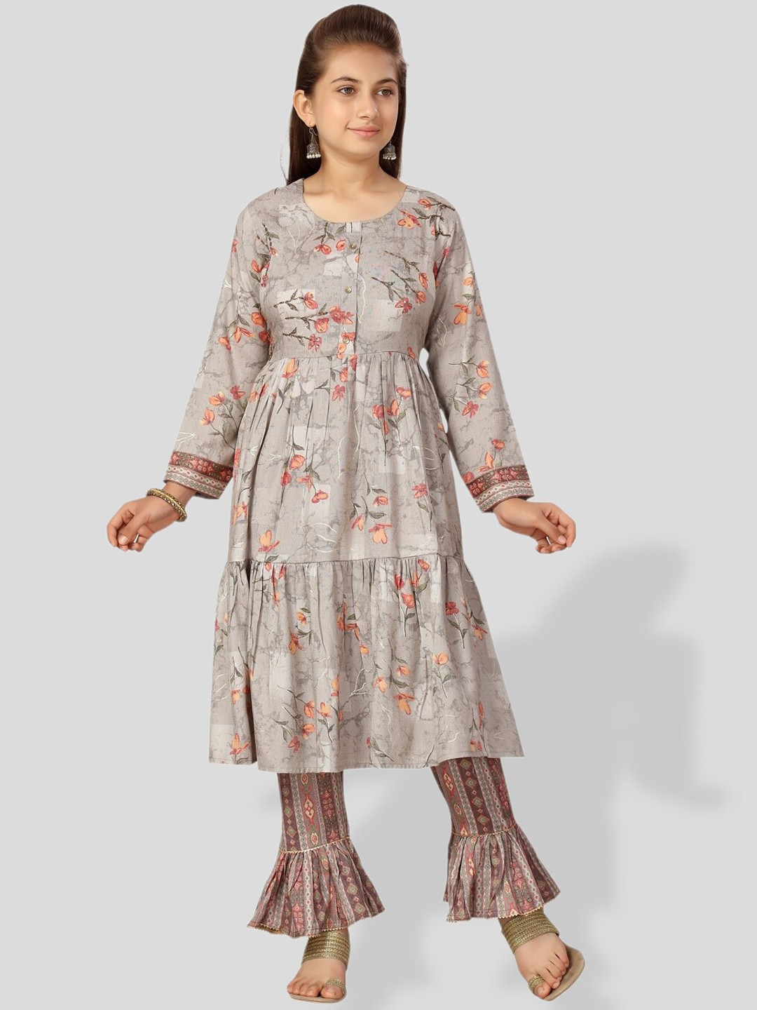 

BAESD Girls Ethnic Motifs Printed Tiered Pure Cotton Kurta with Trousers, Grey