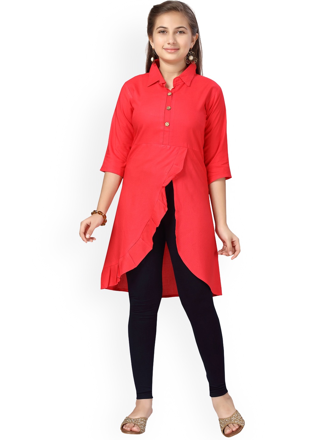 

BAESD Girls Spread Collar Front Slit Straight Cotton Kurta, Red