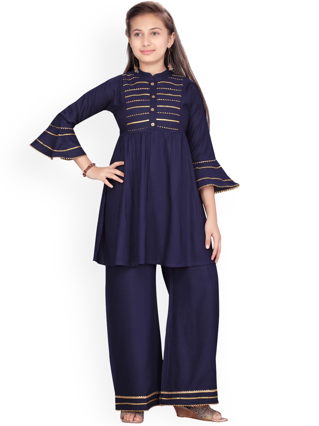 

BAESD Embroidered Empire Gotta Patti Pure Cotton Kurta with Palazzos, Navy blue