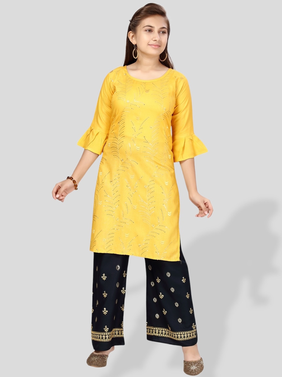 

BAESD Ethnic Motifs Embroidered Sequinned Pure Cotton Kurta with Palazzos, Yellow
