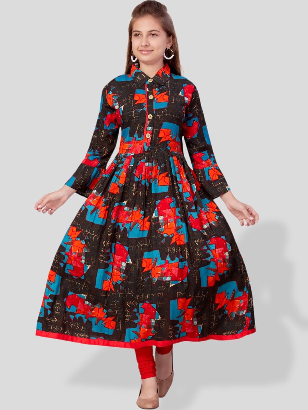 

BAESD Girls Pleated Abstract Printed Anarkali Cotton Kurta, Brown