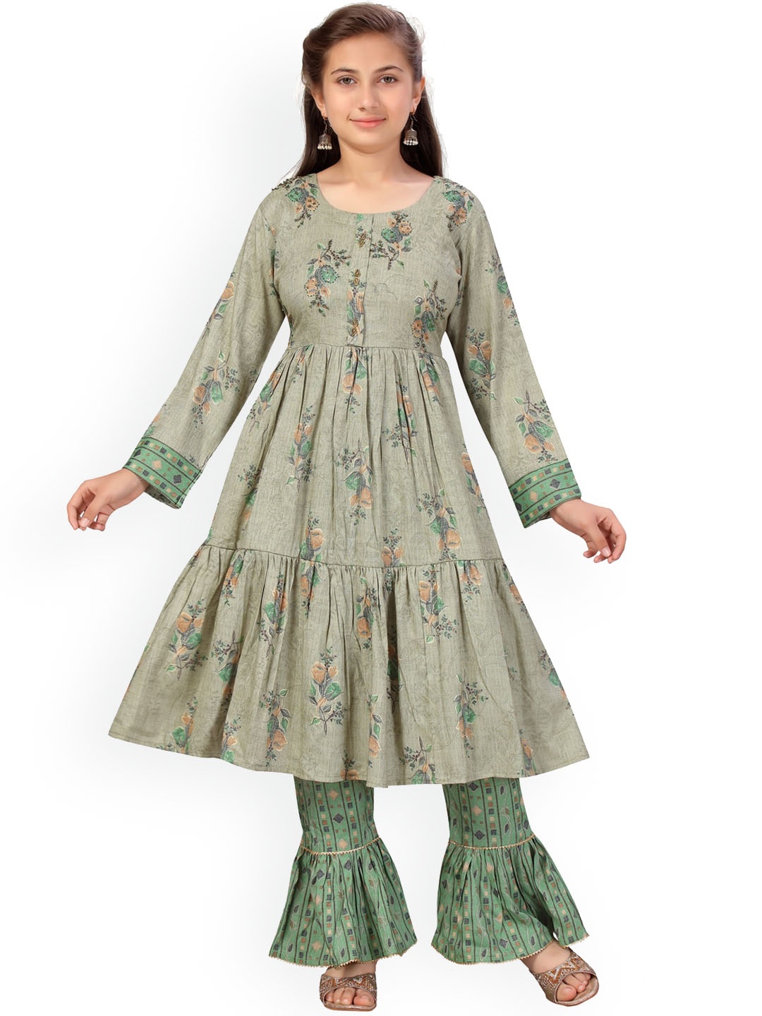 

BAESD Ethnic Motifs Printed Pure Cotton Kurta with Trousers, Green