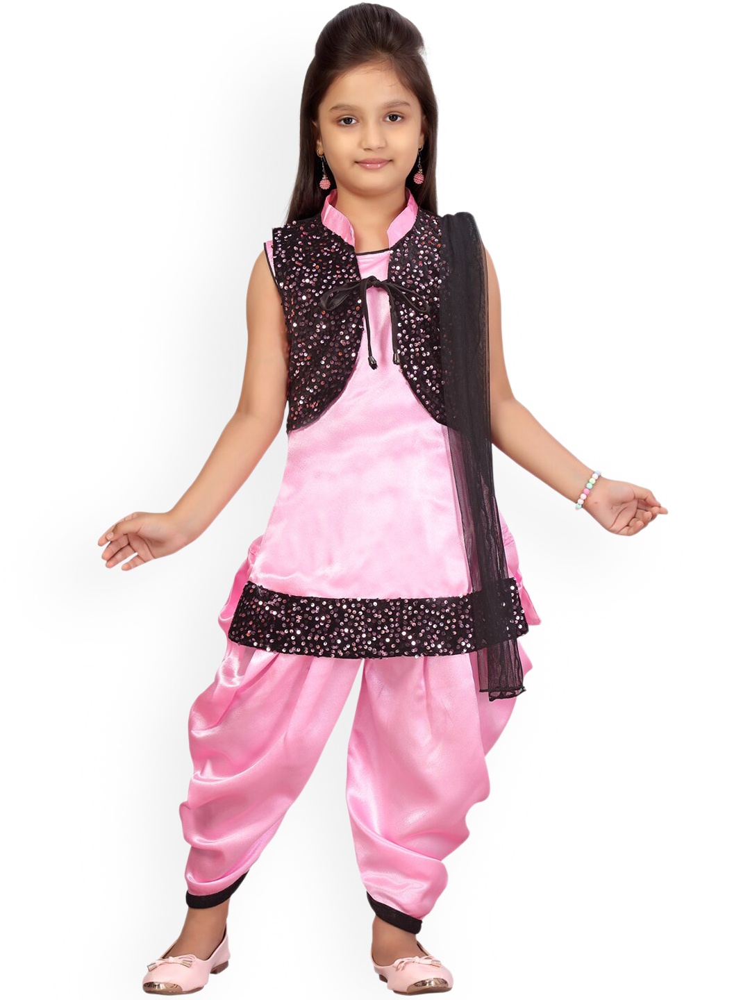 

BAESD Girls Pink Regular Sequinned Pure Silk Kurta with Dhoti Pants & With Dupatta