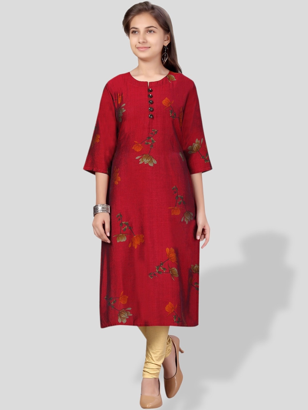 

BAESD Girls Floral Printed Straight Cotton Kurta, Maroon