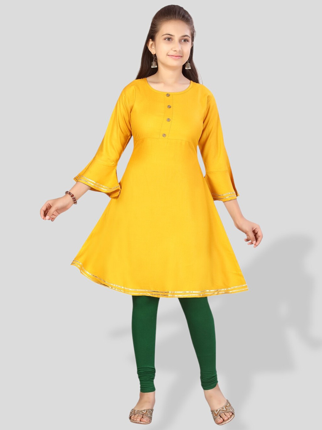 

BAESD Girls Gotta Patti Bell Sleeves A-Line Cotton Kurta, Yellow