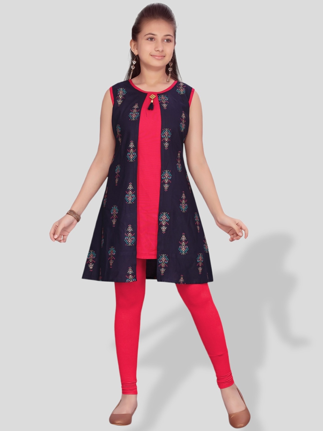 

BAESD Girls Ethnic Motif Printed Cotton A-Line Kurta, Navy blue