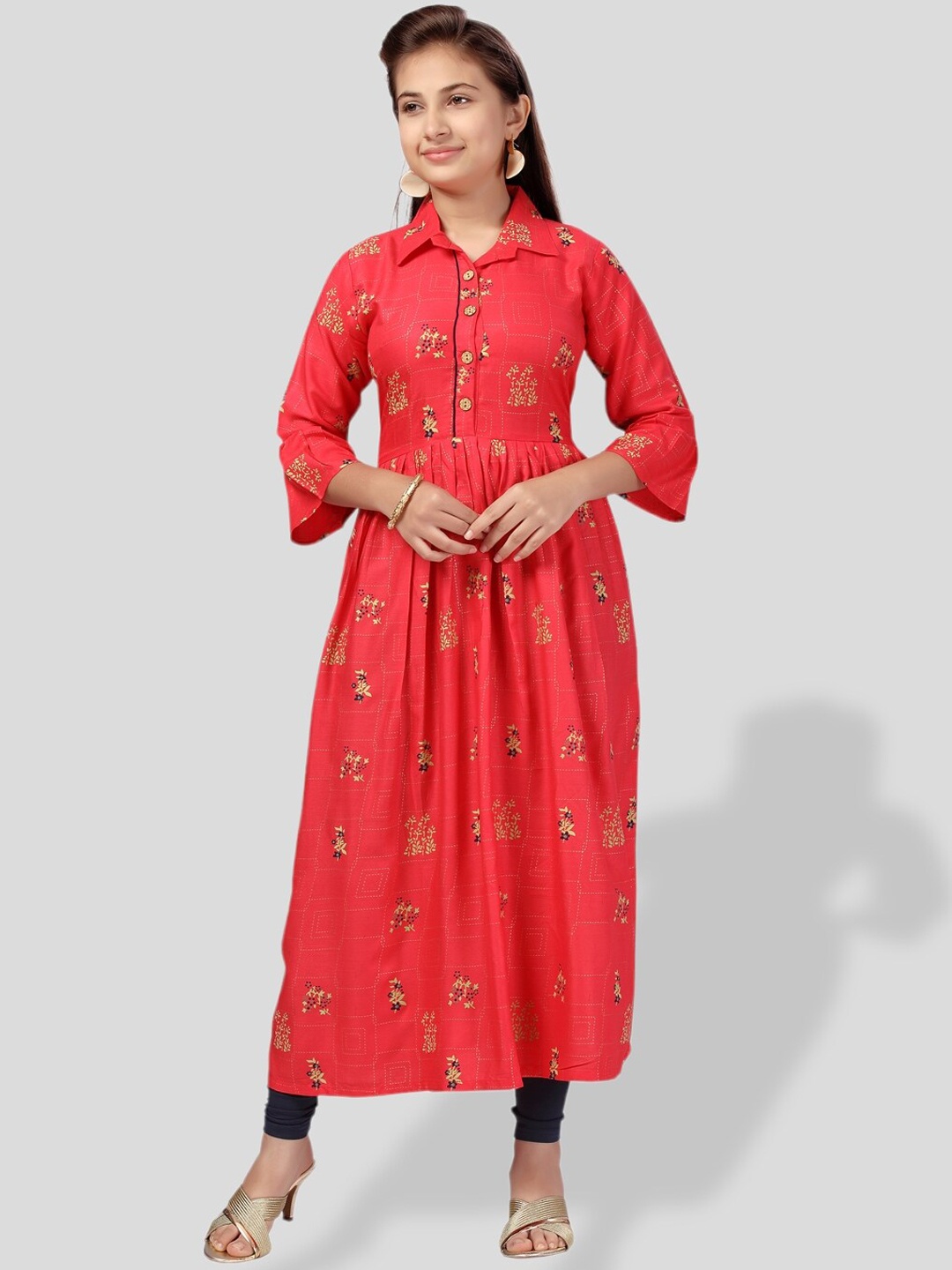 

BAESD Girls Floral Printed Bell Sleeves Shirt Collar Anarkali Cotton Kurta, Red
