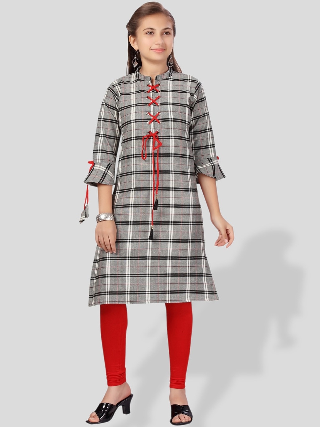 

BAESD Girls Mandarin Collar Checked Kurta, Grey