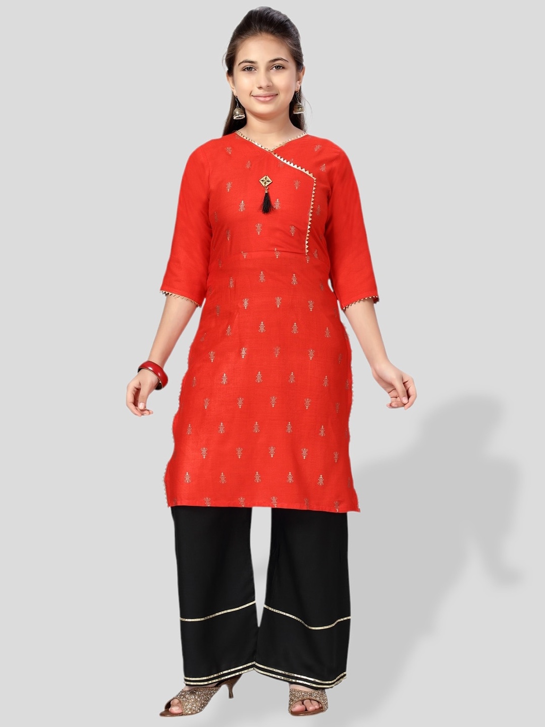 

BAESD Girls Ethnic Motifs Printed Gotta Patti Angrakha Cotton Kurta, Red