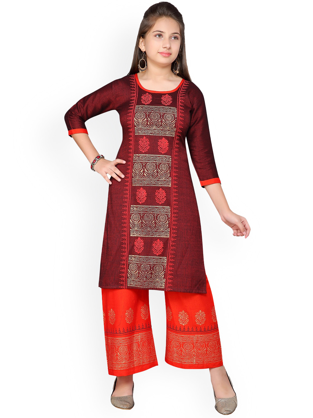

BAESD Girls Ethnic Motifs Printed Pure Cotton Kurta With Palazzos, Maroon