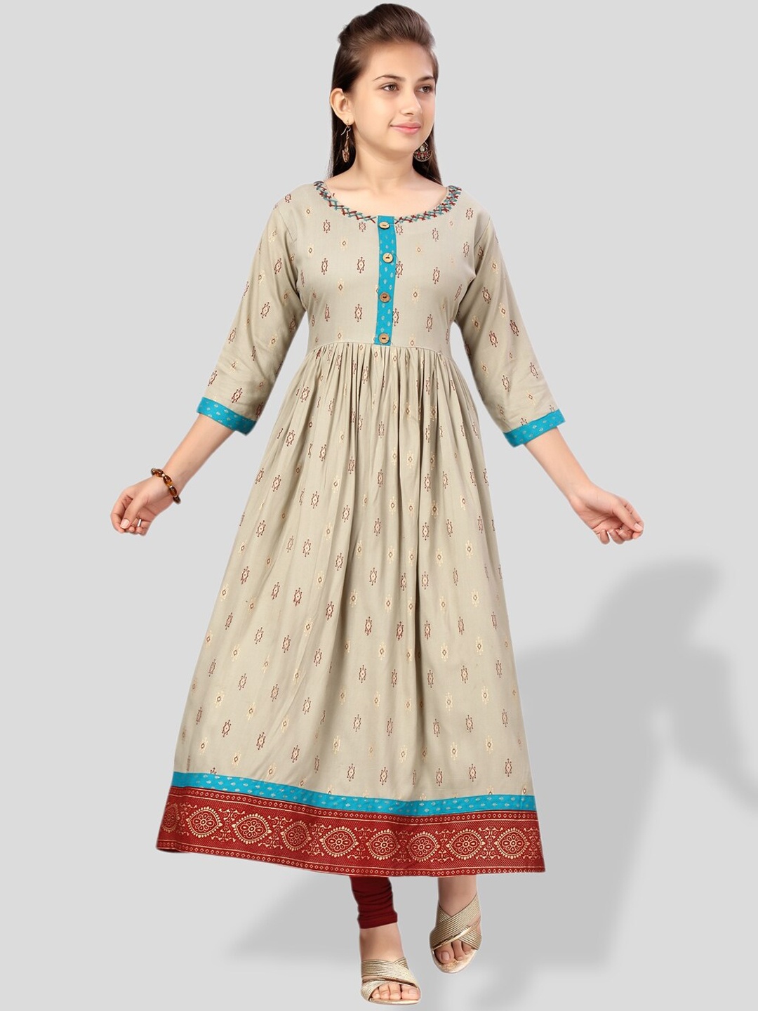 

BAESD Girls Ethnic Motif Printed Cotton Anarkali Kurta, Grey