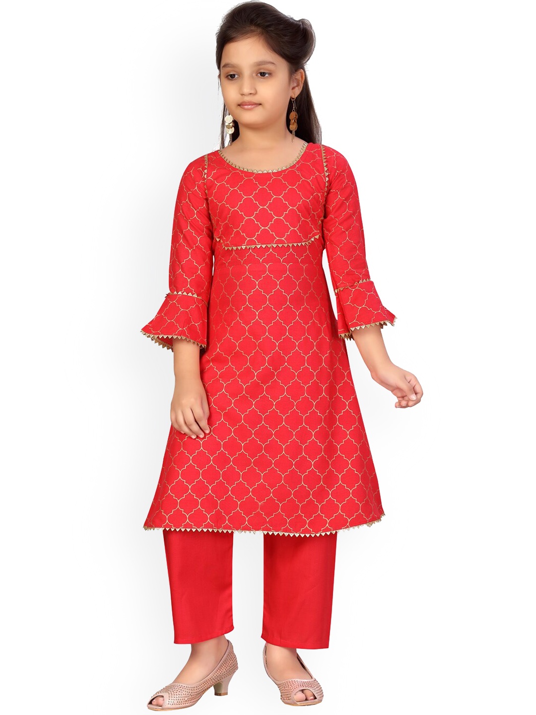 

BAESD Girls Geometric Printed Regular Gotta Patti Pure Cotton Kurta With Palazzos, Red