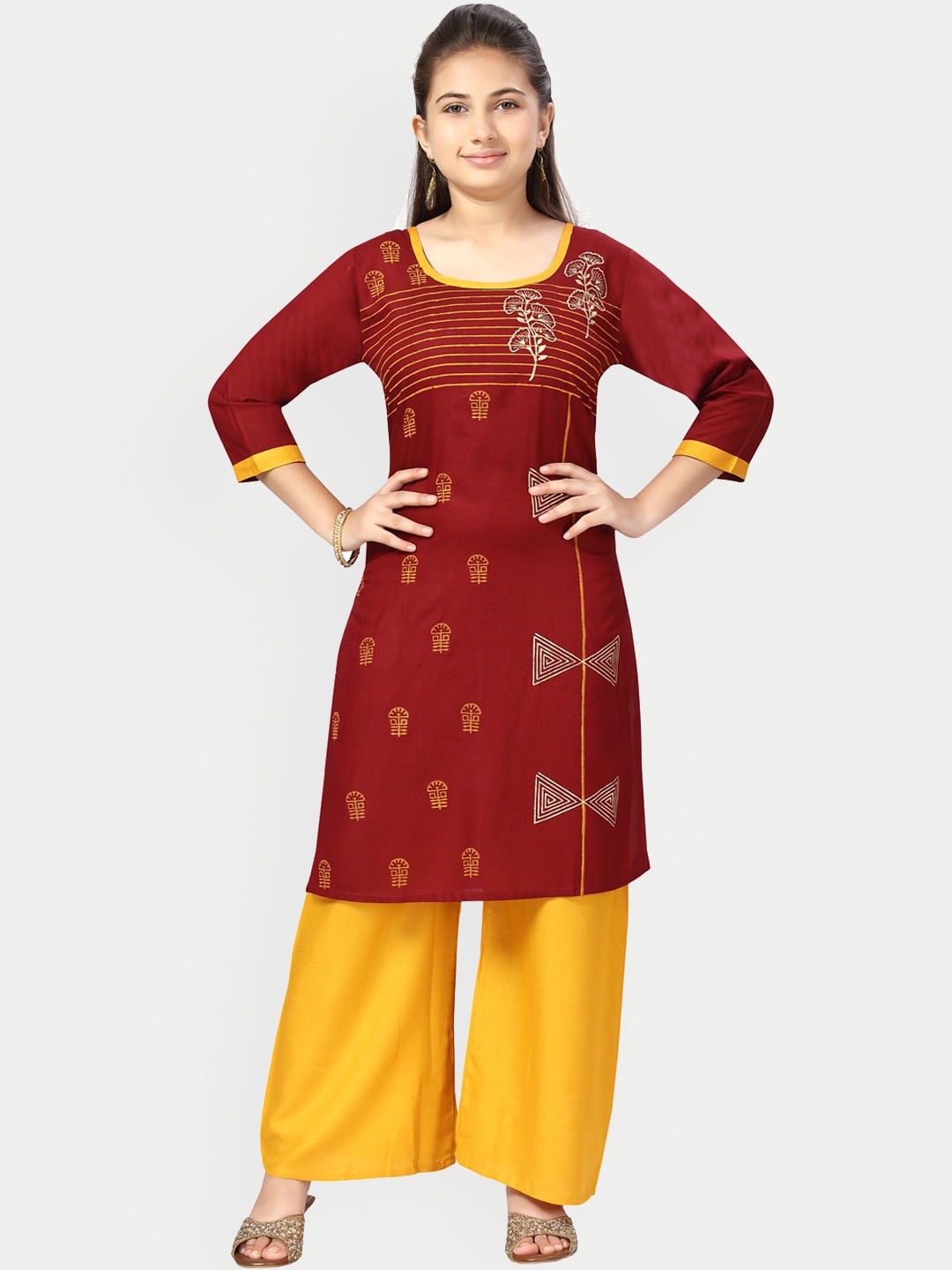 

BAESD Girls Ethnic Motifs Printed Straight Pure Cotton Kurta With Palazzos, Maroon