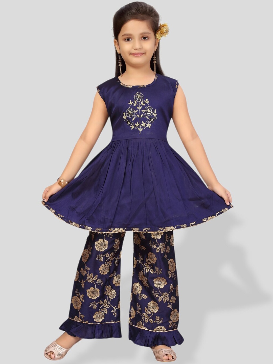 

BAESD Girls Floral Embroidered Zari A-Line Pure Silk Kurta with Palazzos, Navy blue