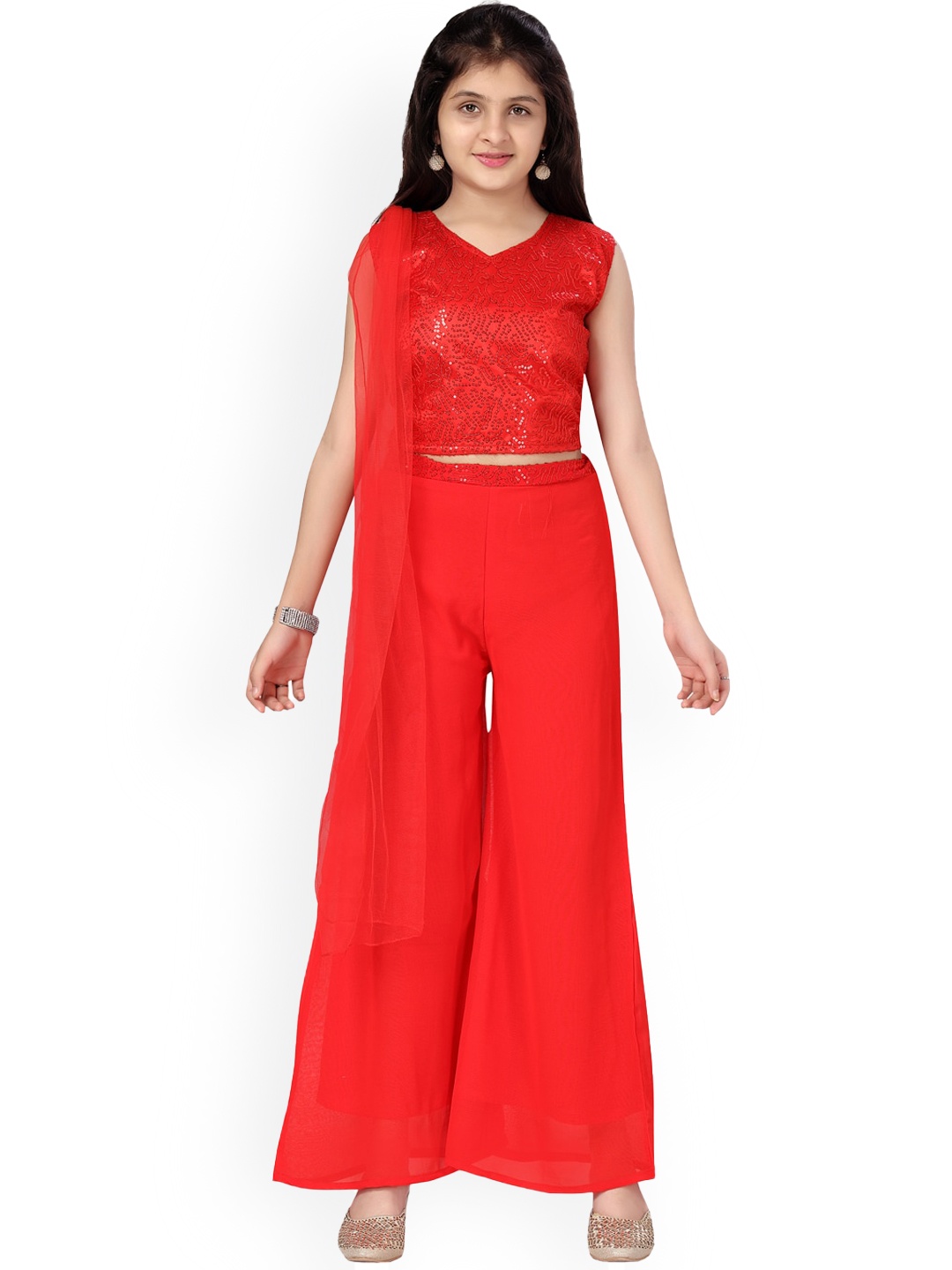 

BAESD Girls Sequinned Embellished Top & Palazzo With Dupatta, Red