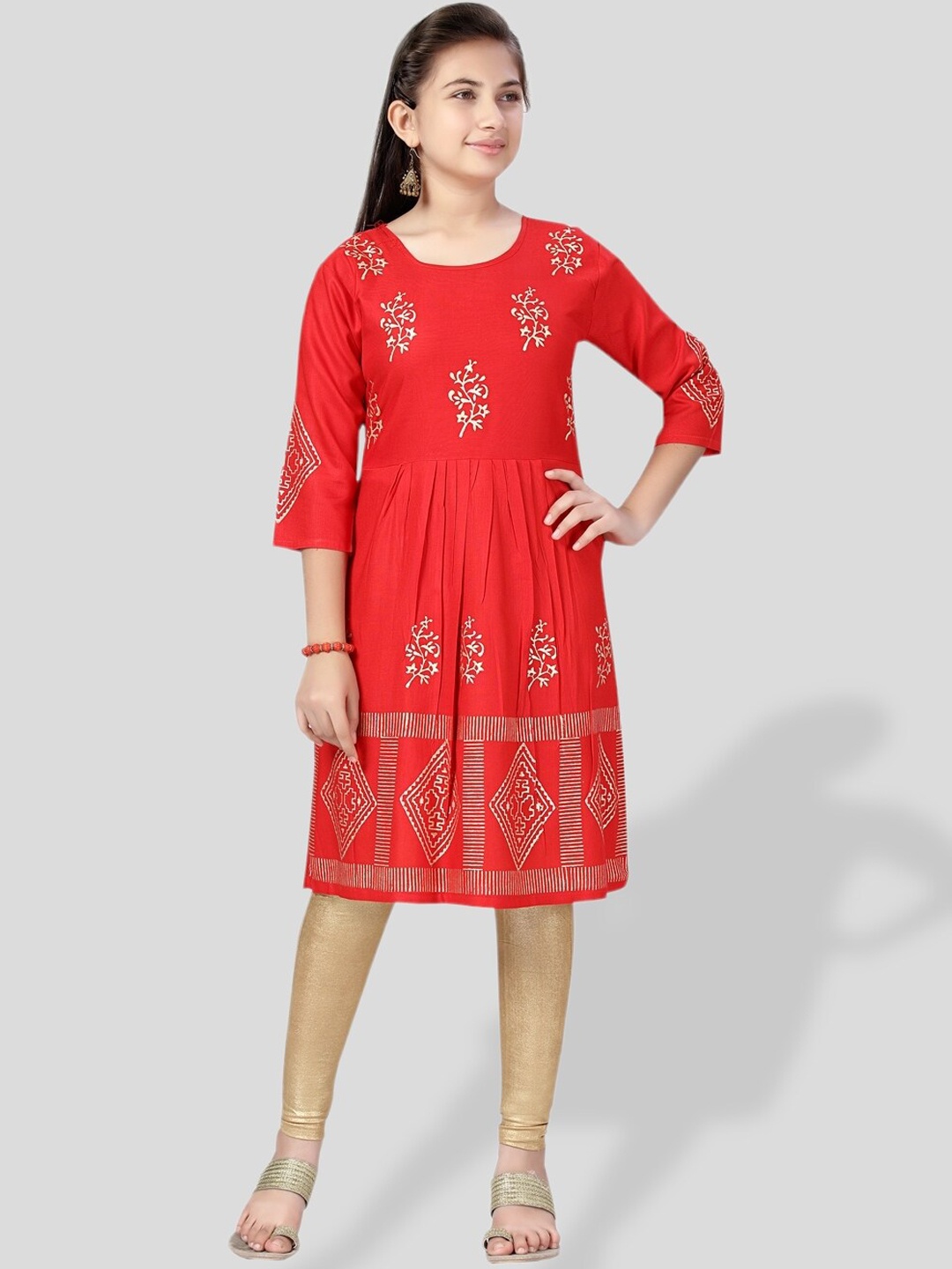 

BAESD Girls Ethnic Motifs Printed A-Line Pleated Cotton Kurta, Red