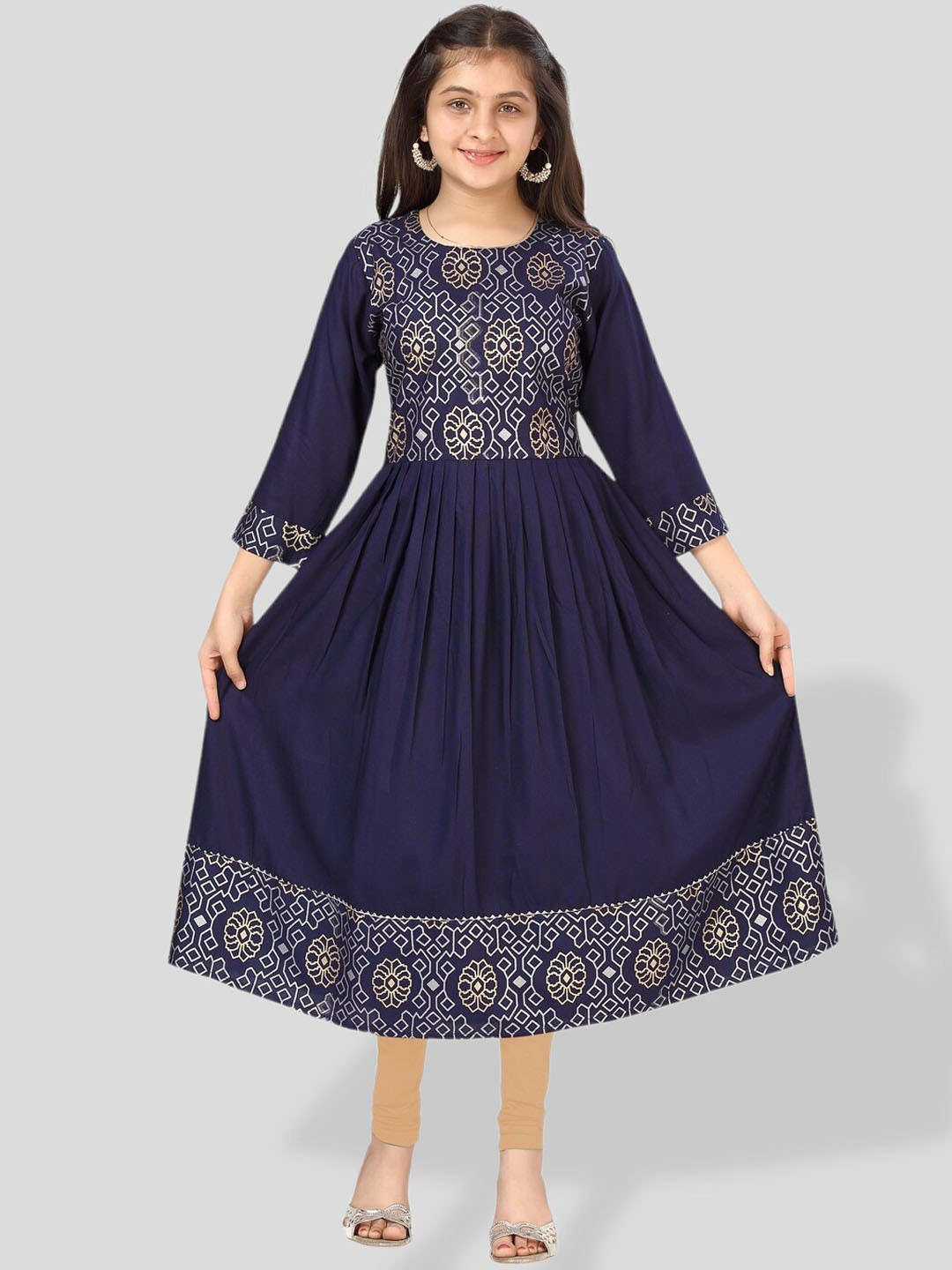 

BAESD Girls Ethnic Motifs Yoke Design Printed Anarkali Kurta, Navy blue