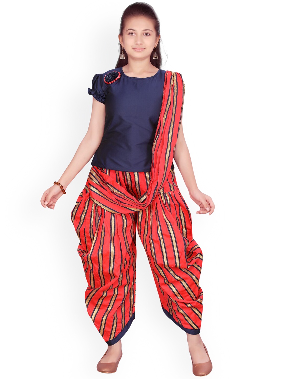 

BAESD Girls Striped Ethnic Top & Dhoti Pant with Dupatta, Navy blue