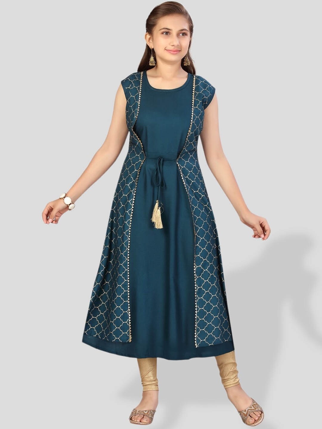 

BAESD Girls Geometric Printed Cotton A-Line Kurta, Green