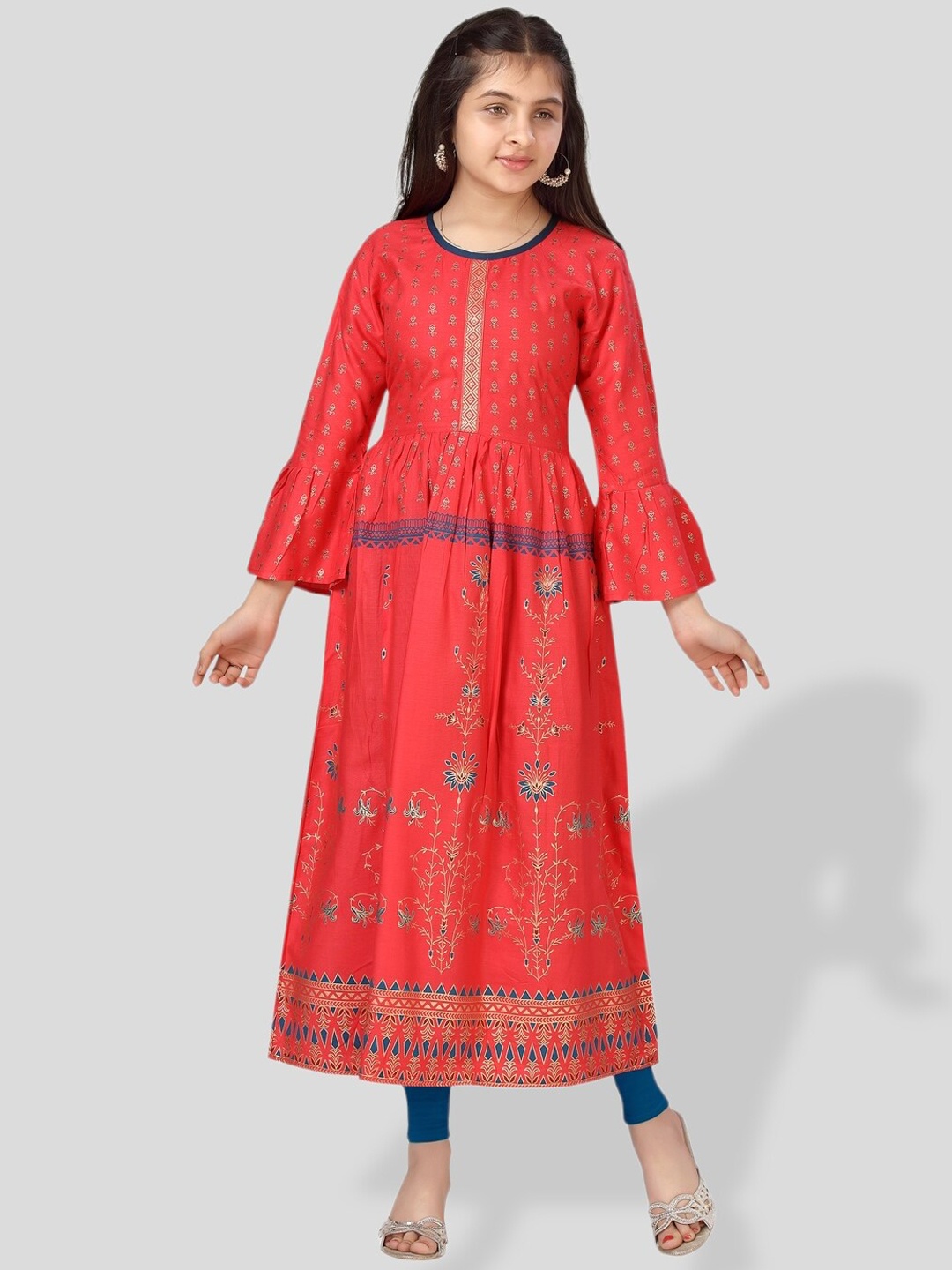 

BAESD Girls Ethnic Motif Printed Bell Sleeves Cotton Anarkali Kurta, Red