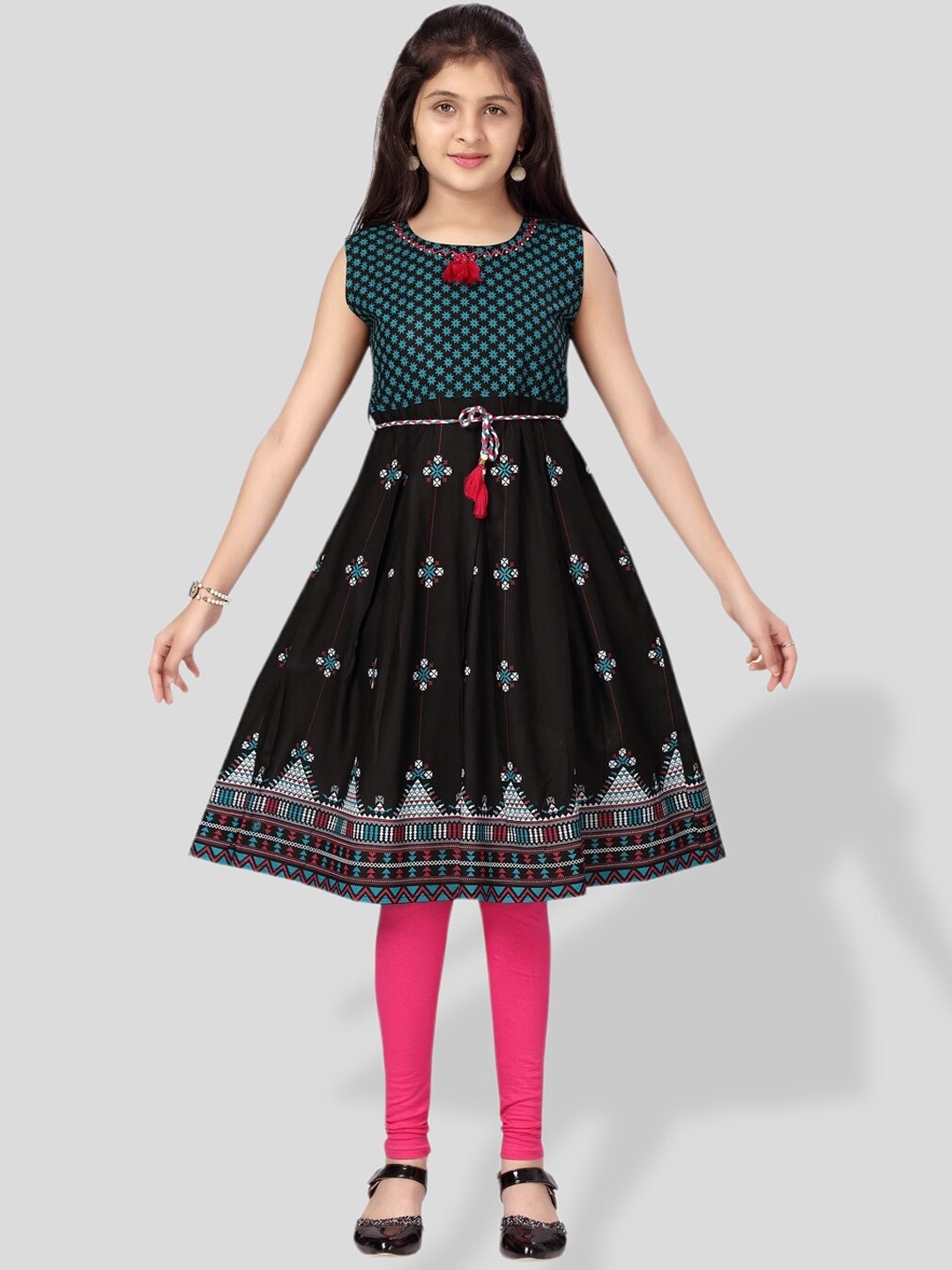 

BAESD Girls Ethnic Motifs Printed Cotton A-Line Kurta, Black