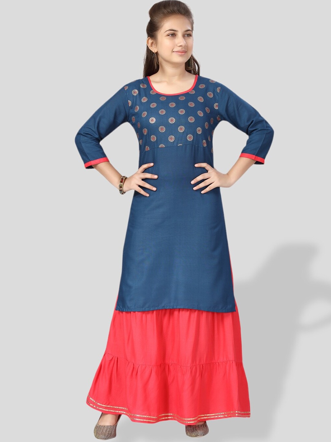 

BAESD Girls Ethnic Motifs Printed Straight Cotton Kurta, Blue