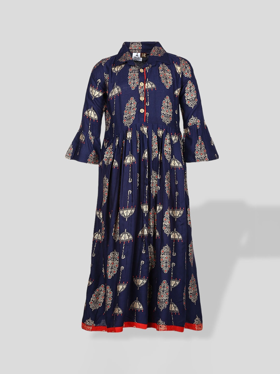 

BAESD Girls Floral Printed Bell Sleeves Cotton Anarkali Kurta, Navy blue
