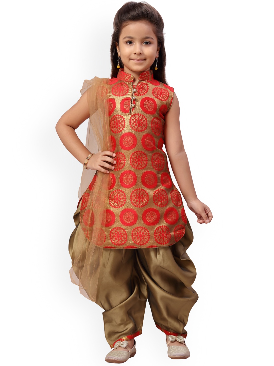 

BAESD Girls Ethnic Motifs Printed Pure Silk Kurta With Patiala & Dupatta, Red