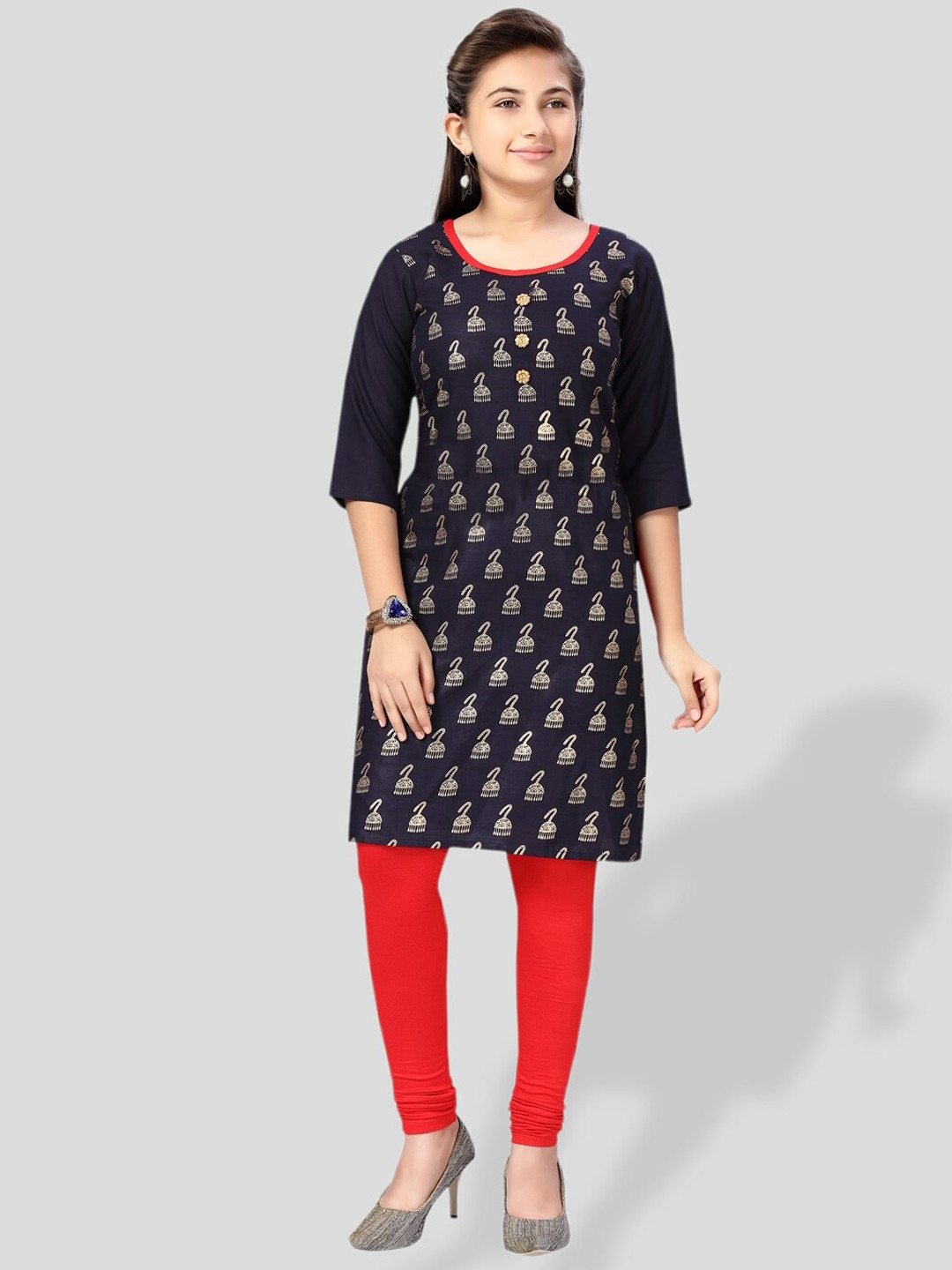 

BAESD Girls Ethnic Motif Printed Cotton Kurta, Navy blue