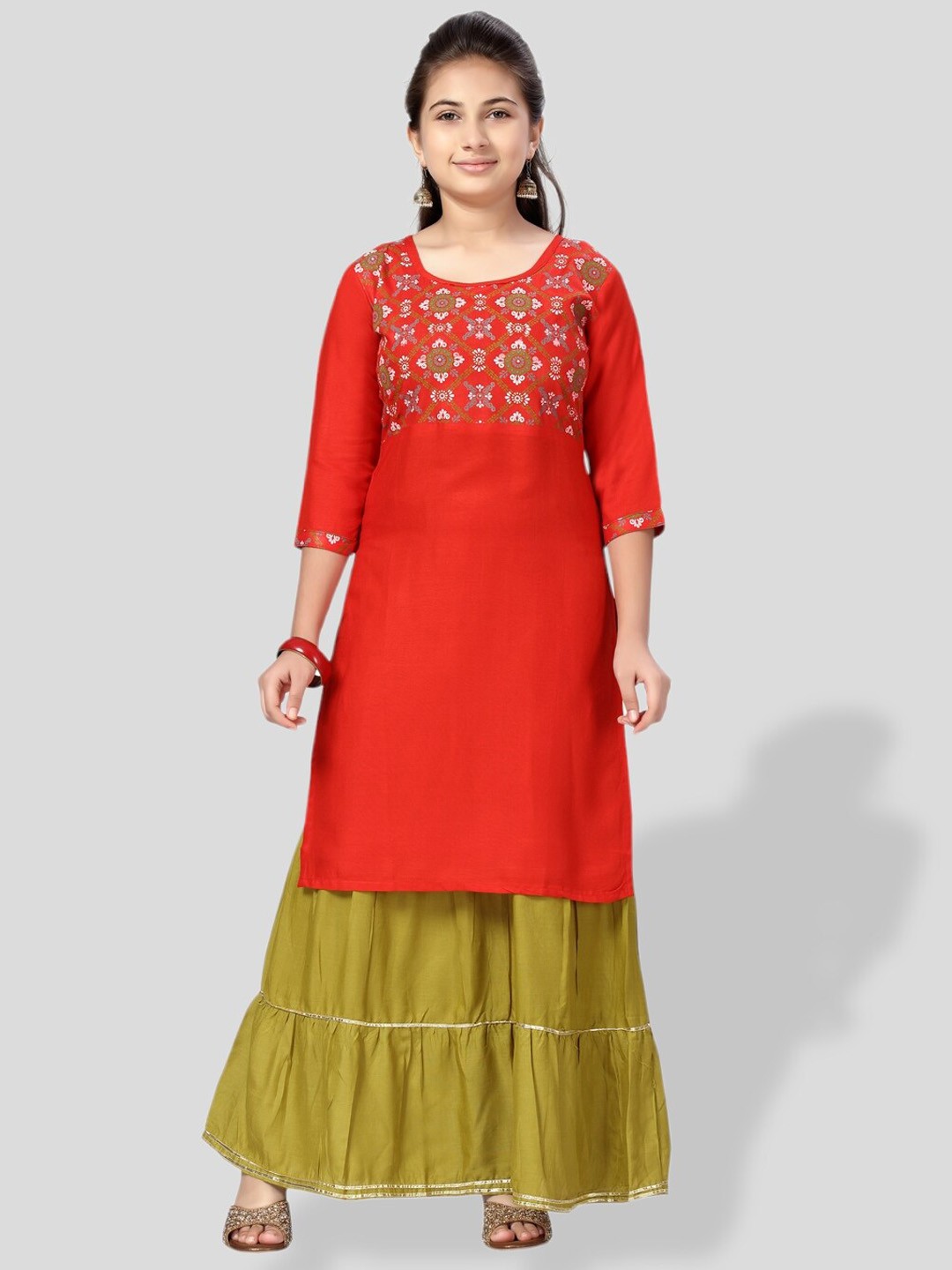 

BAESD Girls Ethnic Motifs Yoke Design Pure Cotton Kurta With Skirt, Red