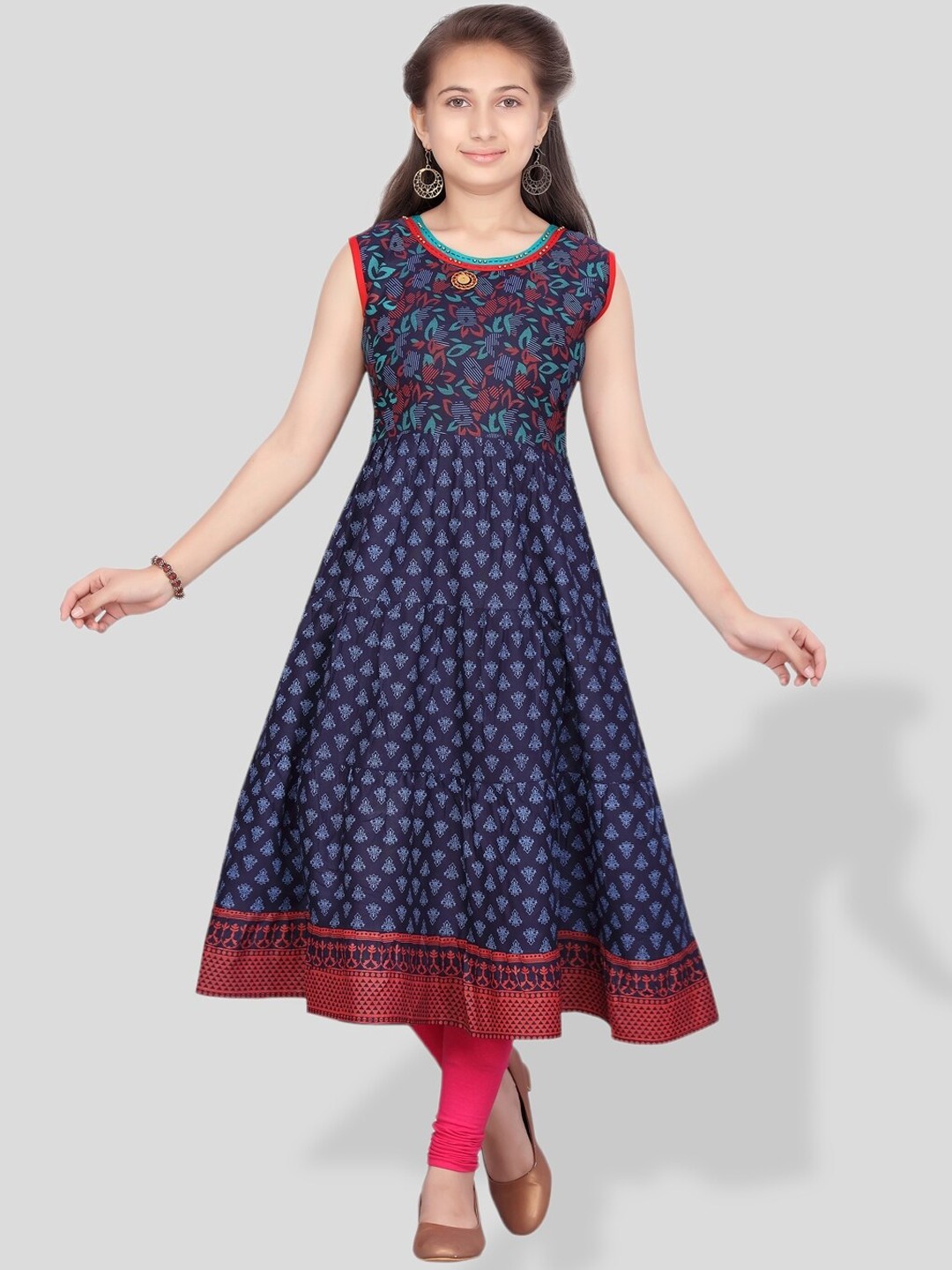 

BAESD Girls Ethnic Motifs Printed Anarkali Cotton Kurta, Blue