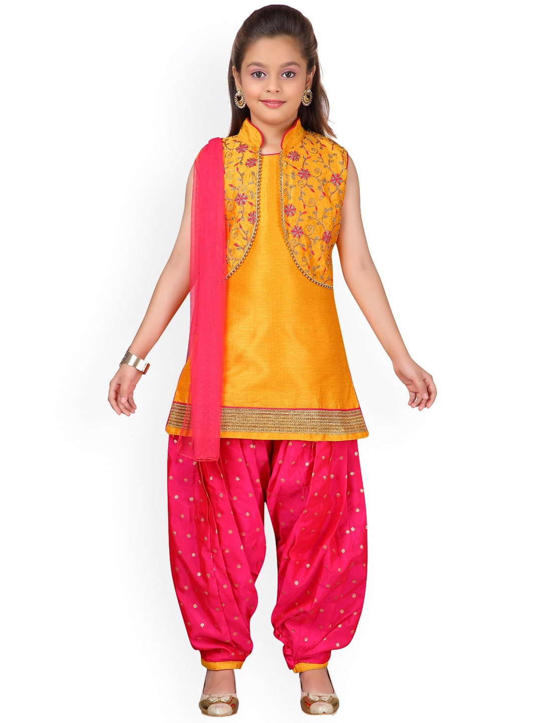 

BAESD Girls Ethnic Motifs Embroidered Pure Silk Kurta With Patiala & Dupatta, Yellow