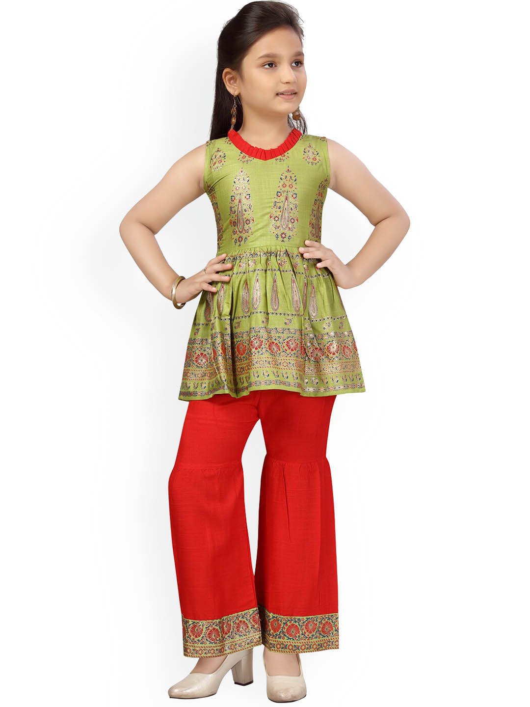 

BAESD Girls Ethnic Motifs Printed Pure Cotton Kurti with Sharara, Green