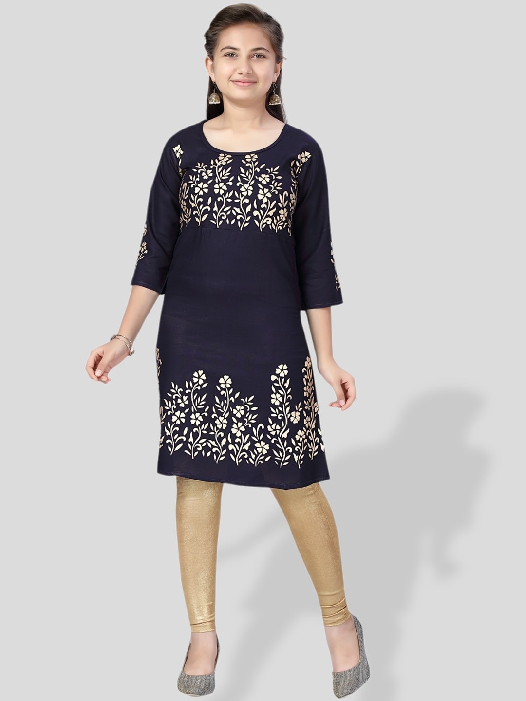 

BAESD Girls Floral Printed Cotton Kurta, Navy blue