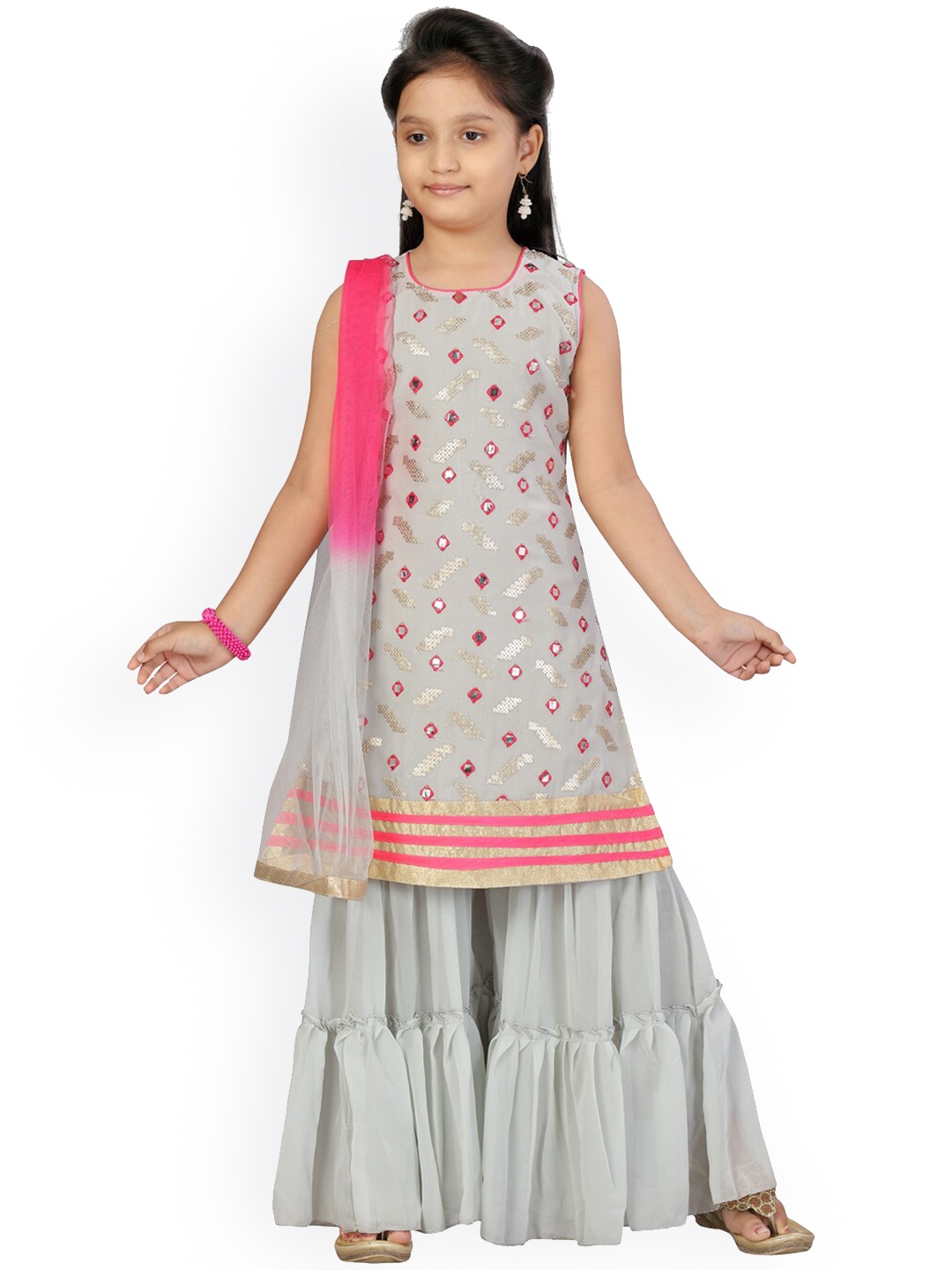 

BAESD Girls Grey Embroidered Regular Sequinned Kurta with Sharara & With Dupatta