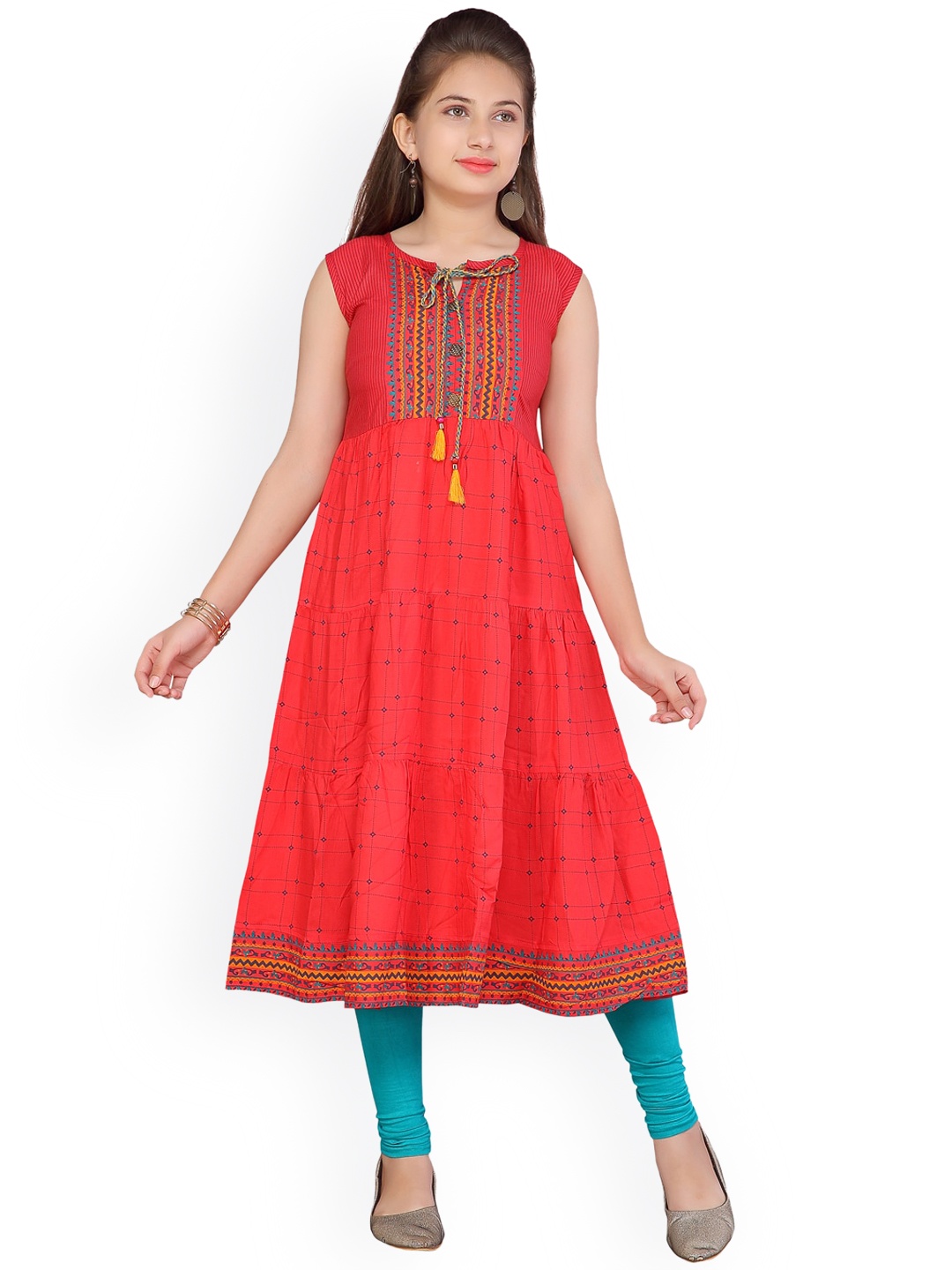 

BAESD Girls Geomtri Printed Cotton Anarkali Kurta, Red