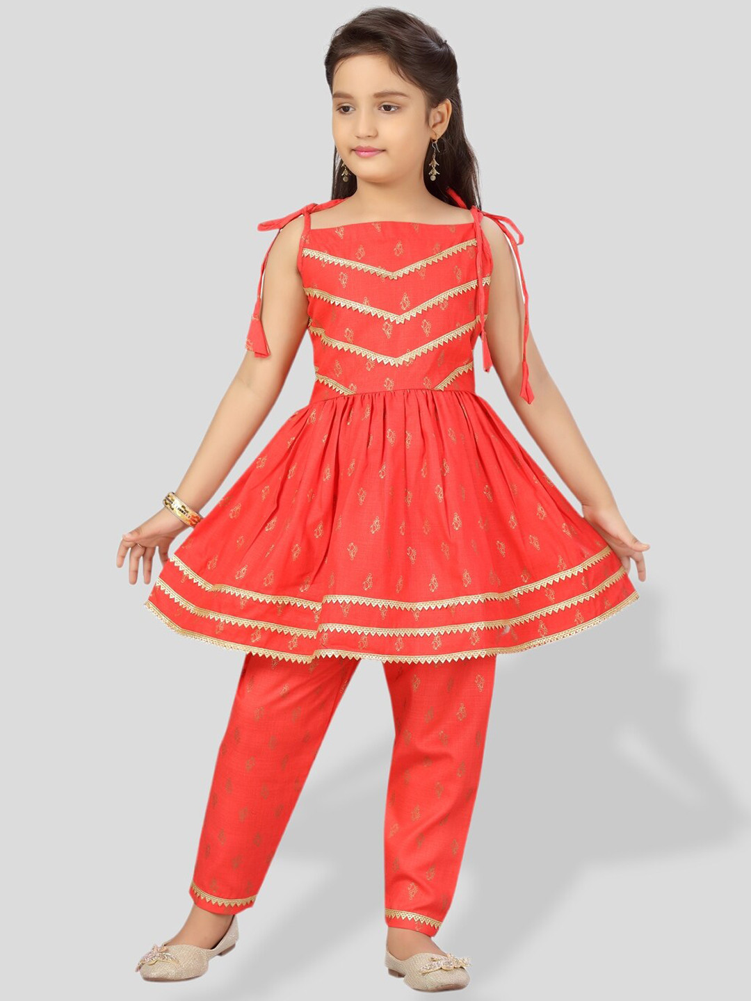 

BAESD Girls Ethnic Motifs Printed A-Line Gotta Patti Pure Cotton Kurti With Trousers, Red